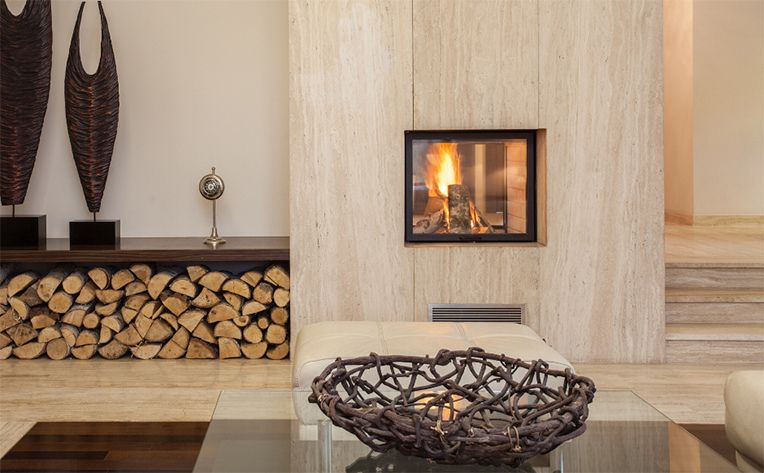Travertine tile in a living room.